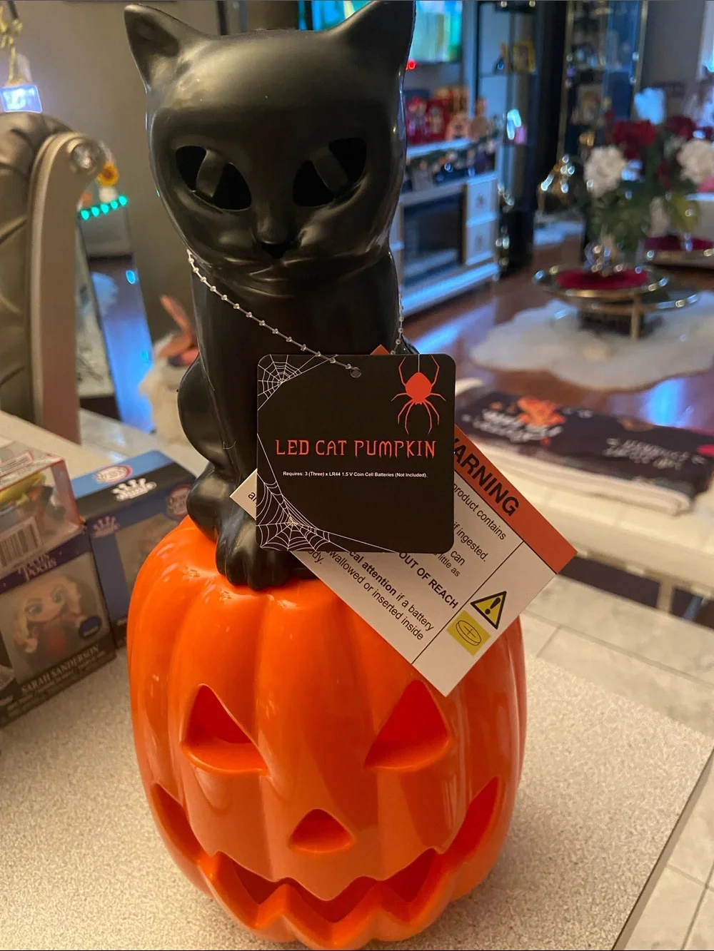 LED Cat Pumpkin Halloween Accent - Black Cat on Orange Pumpkin